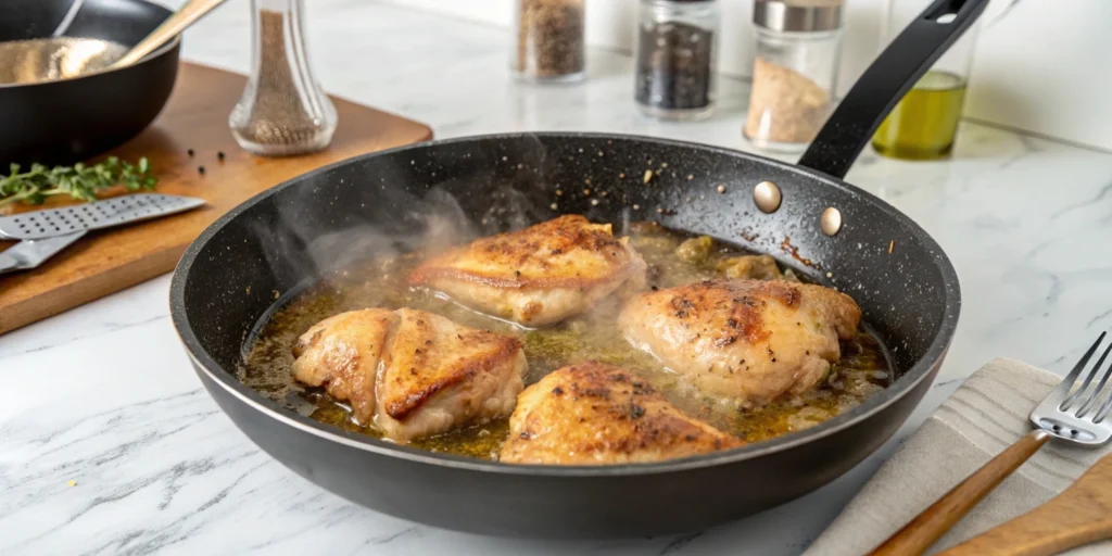 Sautéing marinated chicken in a skillet with steam rising on a white marble countertop.