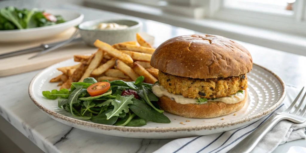 Fully assembled chickpea burger served with golden fries and greens on a white marble countertop in a modern kitchen.