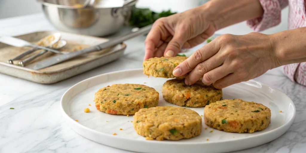 Forming chickpea burger patties on a white plate, with mashed chickpeas and vegetables in a modern kitchen setting.