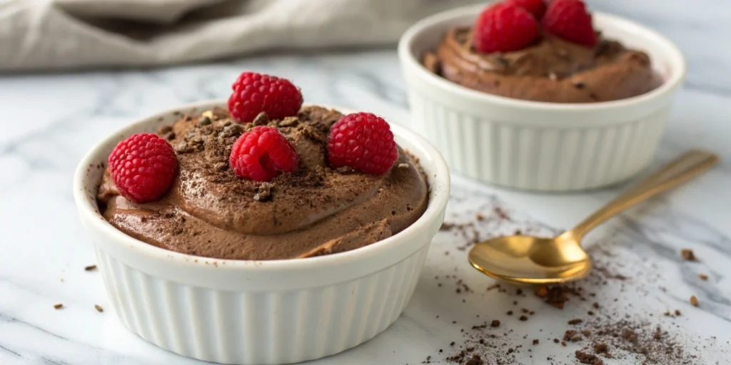 Chocolate avocado mousse garnished with fresh raspberries and cocoa powder, served in a white bowl with a gold dessert spoon on a marble countertop.