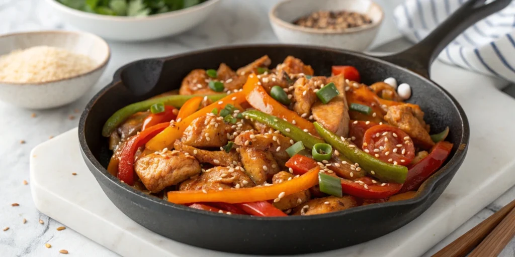 Sizzling Dakgalbi chicken in a skillet with vegetables, served on a white plate in a modern kitchen with a white marble countertop.