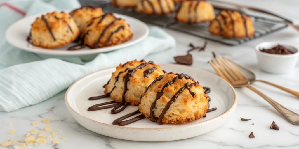 Golden coconut macaroons drizzled with dark chocolate served on a white plate in a kitchen.