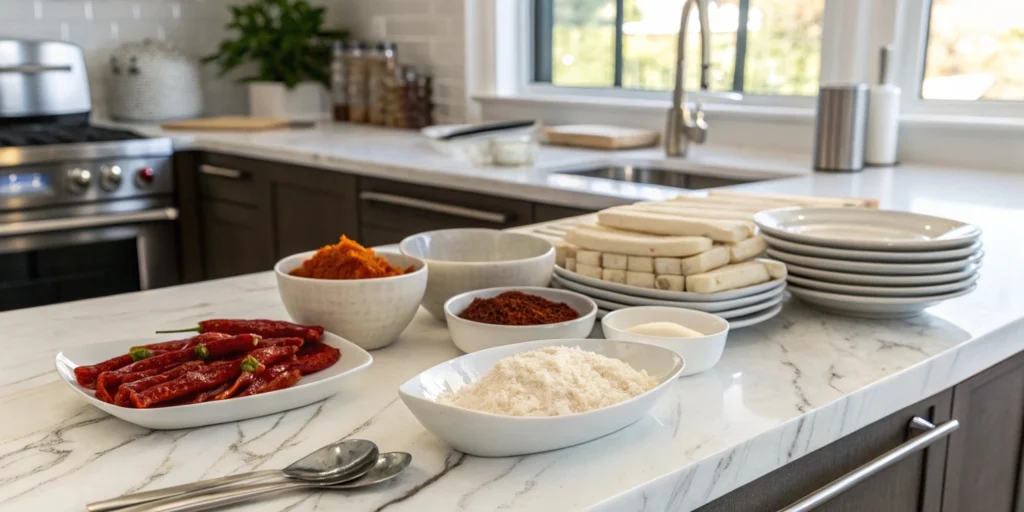Tteokbokki ingredients on a white marble kitchen countertop, including gochujang, gochugaru, soy sauce, garlic, and rice cakes, with matching utensils and plates.
