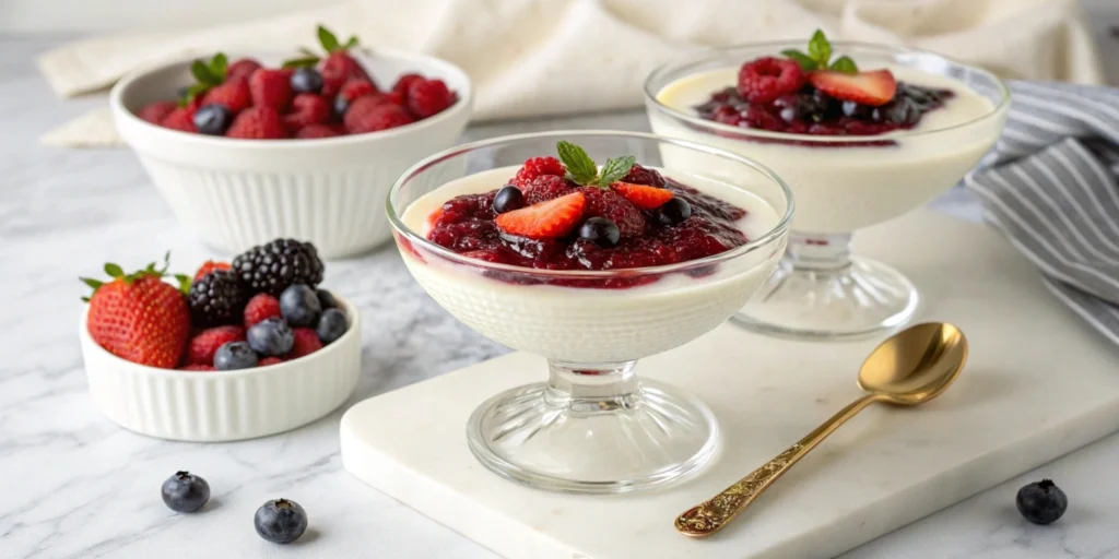Coconut panna cotta in glass ramekins topped with berry compote, placed on a marble countertop with fresh berries and a gold spoon.