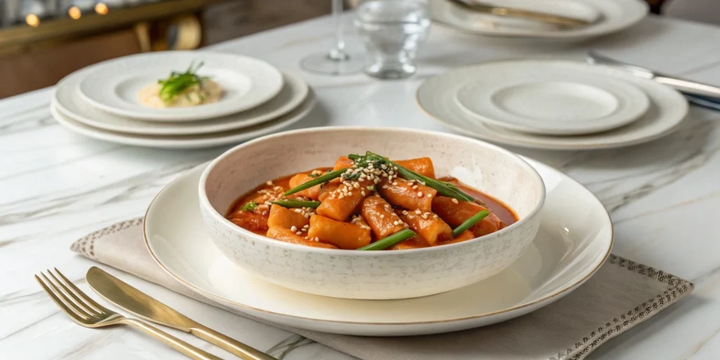 Plate of tteokbokki with melted cheese, chili peppers, and vegetables served on a white ceramic plate in a modern kitchen.