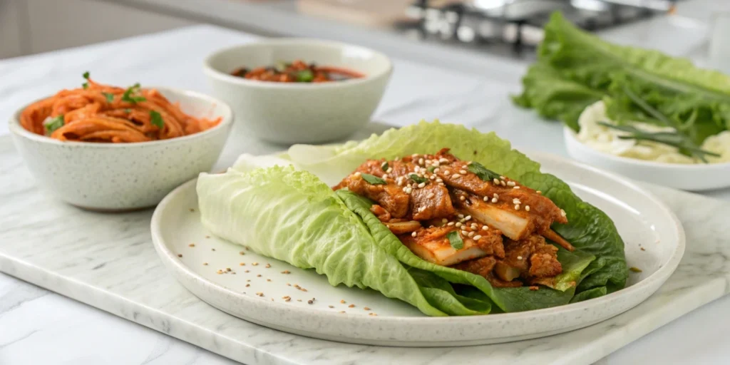 Completed Dakgalbi wrap garnished with sesame seeds and served with kimchi on a white plate.