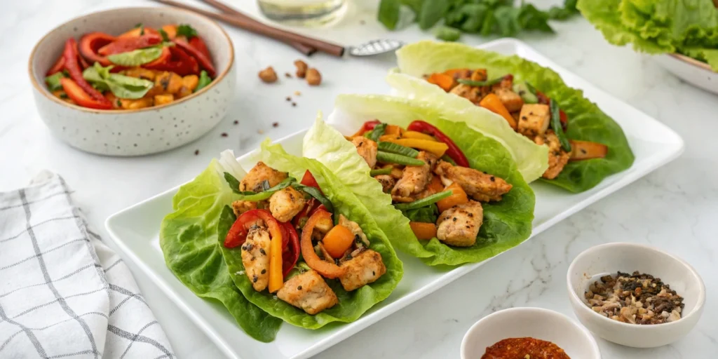 Assembling Dakgalbi wraps with chicken and vegetables on a white plate.