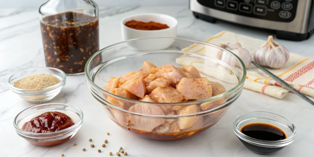 Marinated chicken pieces in a glass bowl with ingredients on a white marble countertop in a modern kitchen.