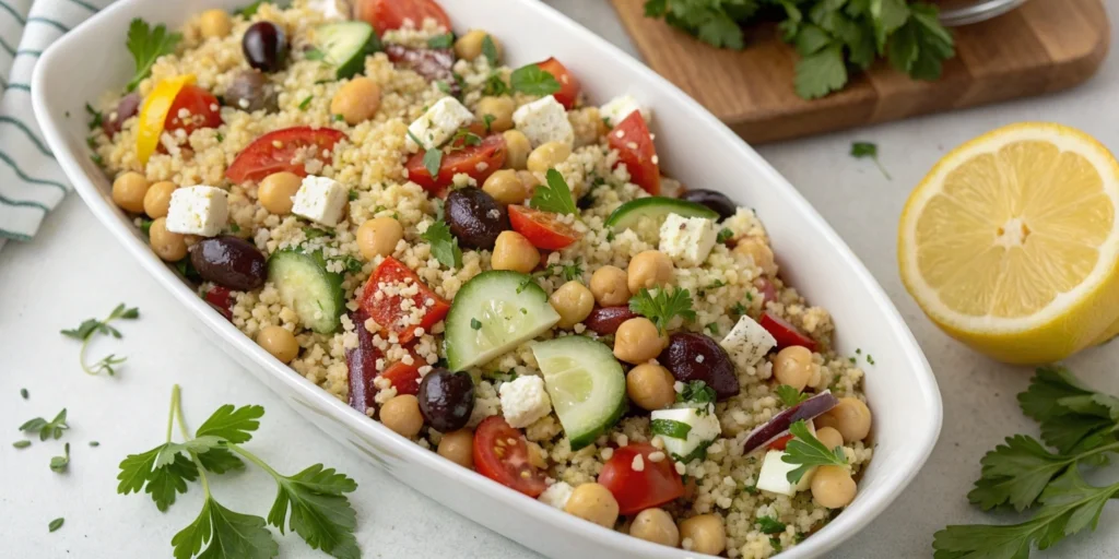 Overhead view of a Mediterranean quinoa salad with chickpeas, cucumbers, tomatoes, and feta cheese.