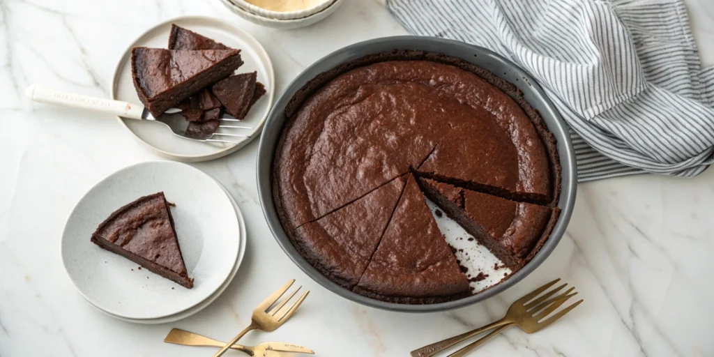 Freshly baked flourless chocolate cake with slices served on plates on a marble countertop.