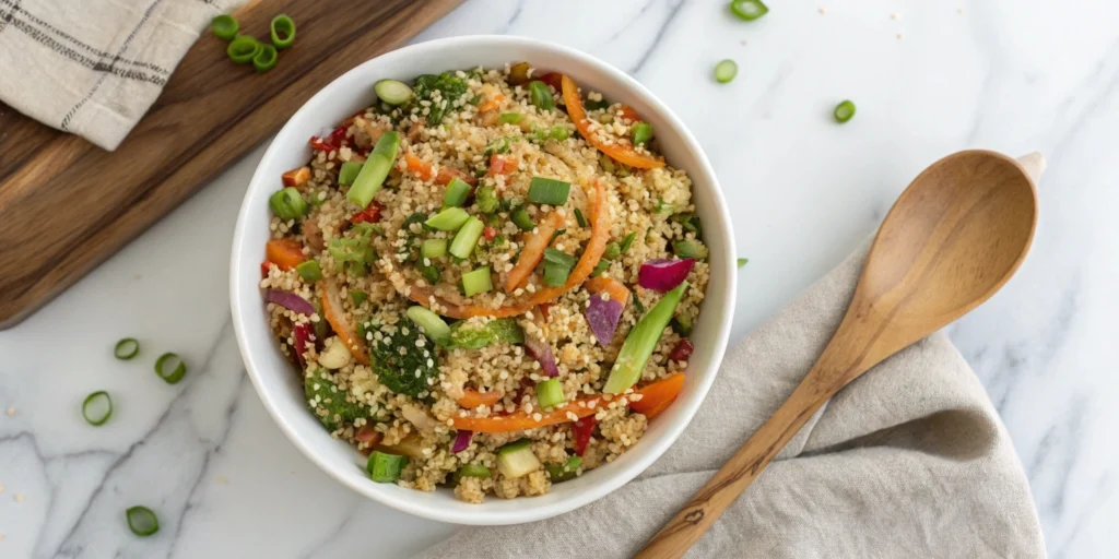 Overhead view of a Korean-inspired quinoa salad with sesame seeds and fresh green onions.
