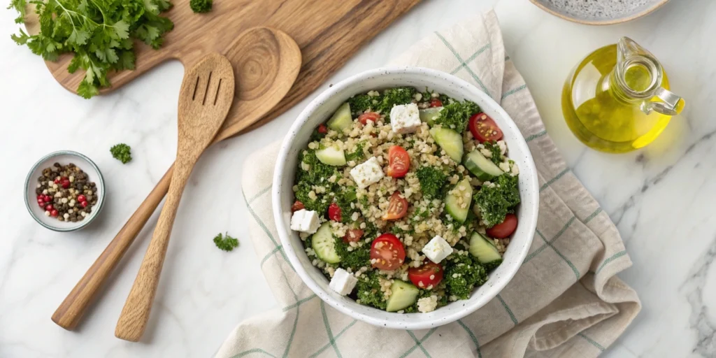 Overhead view of a classic quinoa salad with diced vegetables, lentils, and feta on a marble countertop.