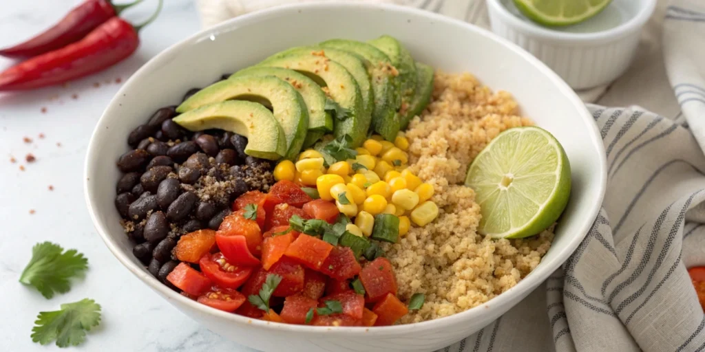 Overhead view of a Southwest-inspired quinoa bowl with black beans, corn, avocado, and a lime wedge.