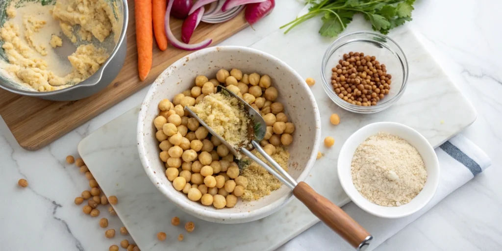 Mashing chickpeas with a potato masher on a white marble countertop, surrounded by spices, vegetables, and ingredients in a well-lit kitchen.