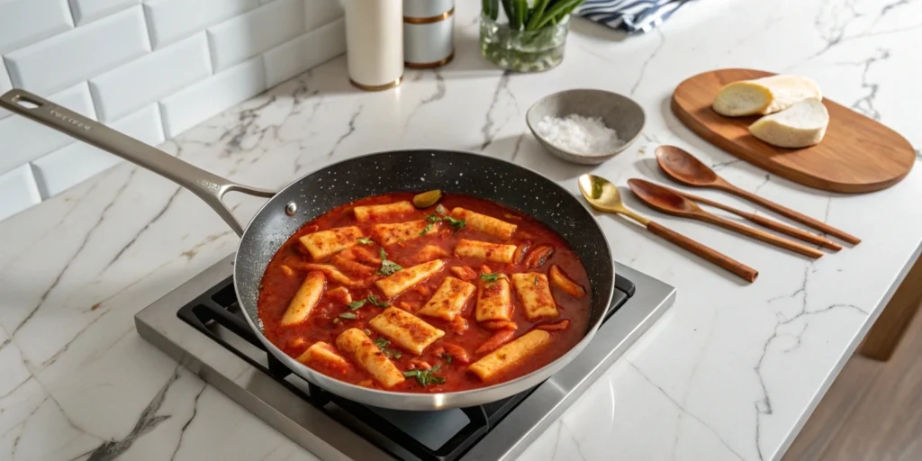 Tteokbokki simmering on a marble stovetop with rice cakes and fish cakes coated in spicy sauce in a modern kitchen.