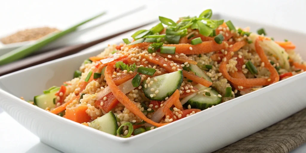 Side view of a spicy Korean-inspired quinoa salad with fresh vegetables and a gochujang dressing.