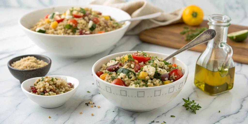 Overhead view of a classic quinoa salad with diced vegetables, lentils, and feta on a marble countertop.