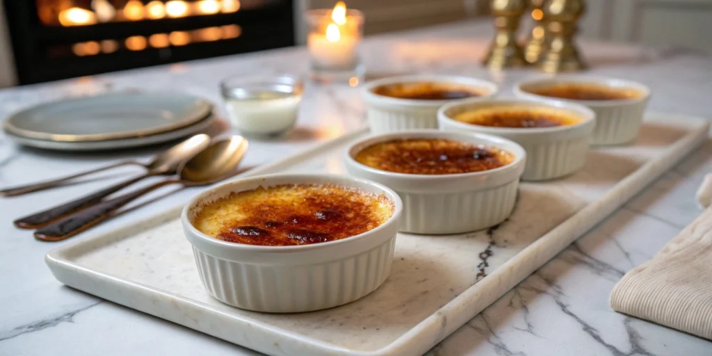 Delicious crème brûlée with a golden caramelized sugar top served in ramekins on a marble kitchen countertop.