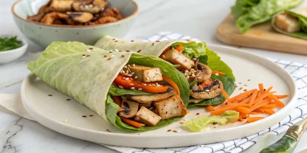 Vegetarian Dakgalbi wrap with tofu and fresh vegetables served on a white plate.