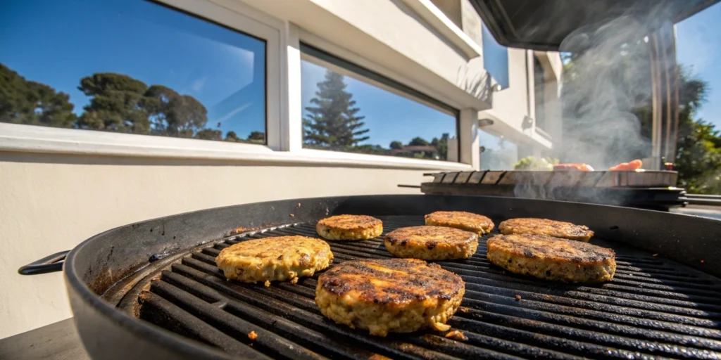 Chickpea burgers grilling on a barbecue, showing grill marks and a smoky exterior with a modern kitchen visible through the window.
