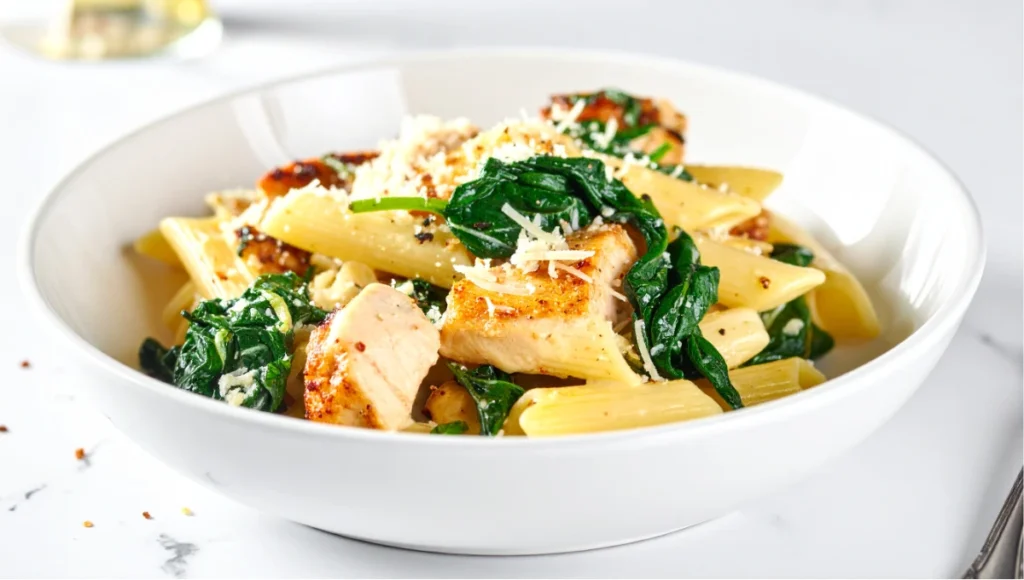 Savor the creamy tease! Learn this 5-minute creamy chicken spinach pasta recipe—a quick, irresistible dish to delight your taste buds.