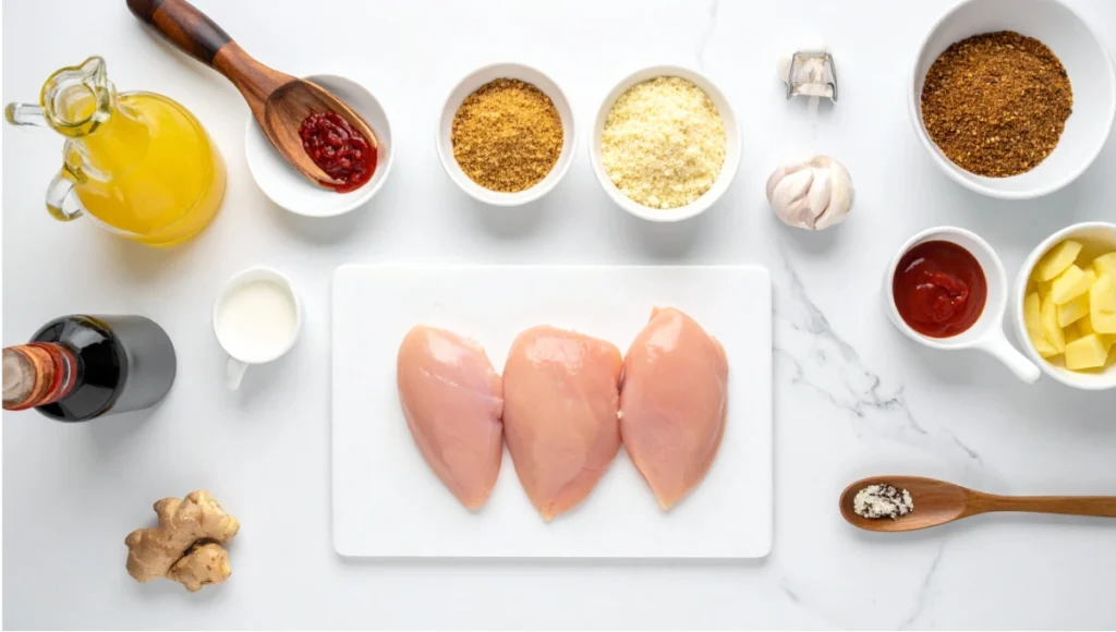 Overhead flat lay of fresh ingredients for easy Crock Pot Huli Huli Chicken recipe on white marble countertop