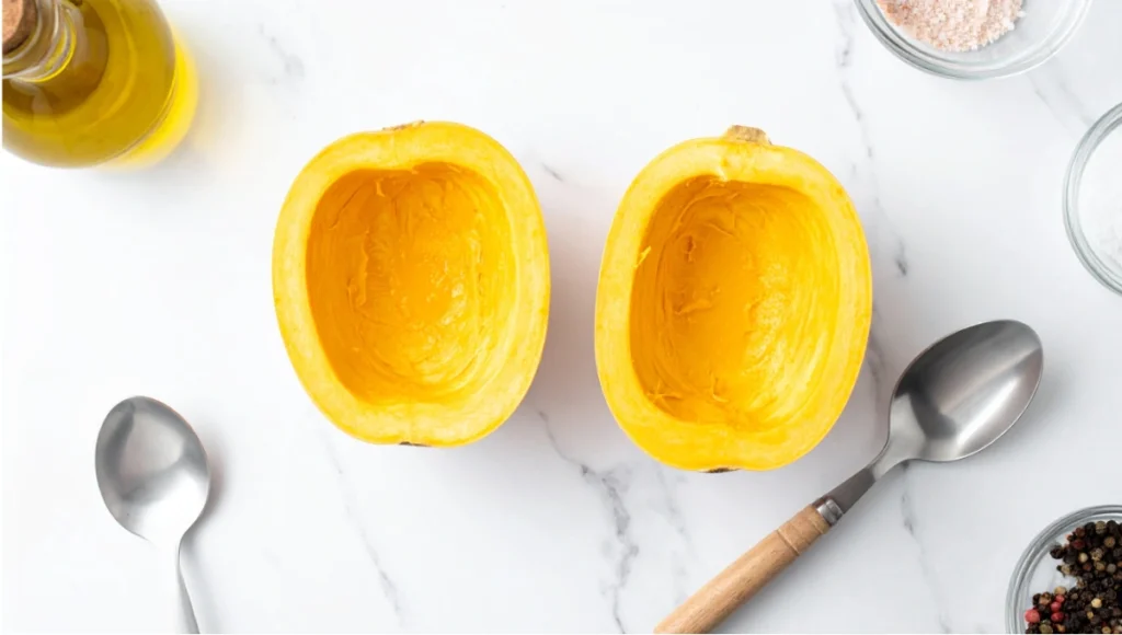 Clean halved spaghetti squash with seeds removed on white marble countertop, ready for seasoning