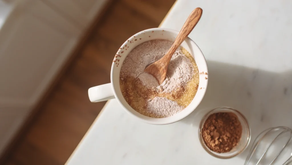 Dry ingredients for 1-minute hot chocolate mug cake mixed in mug, flour cocoa sugar and baking powder