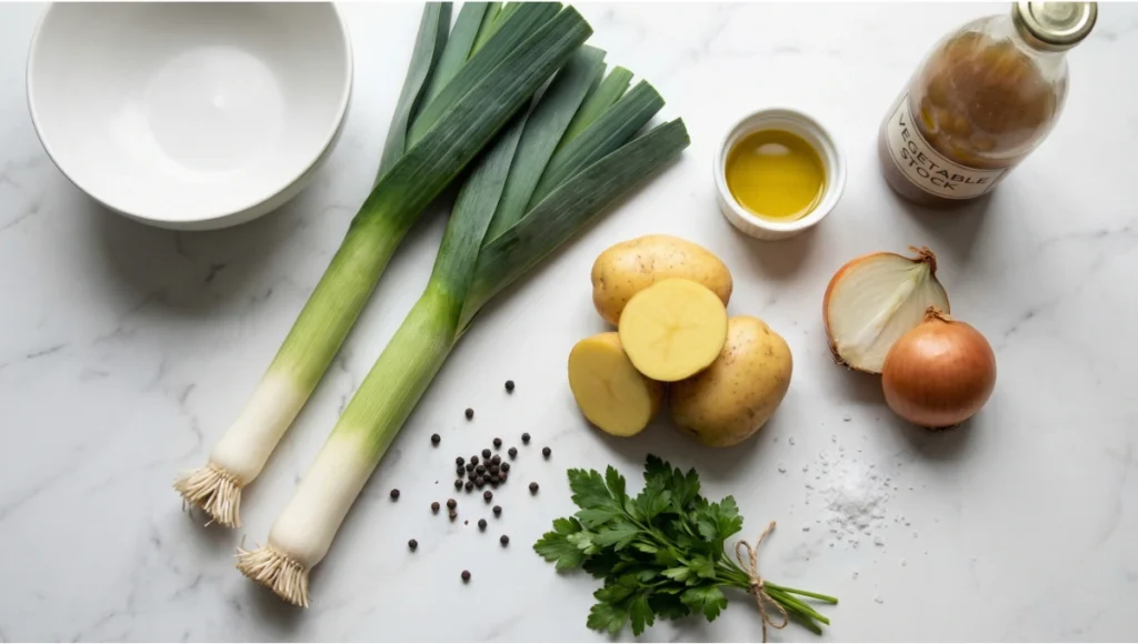 Fresh leeks, Yukon Gold potatoes, onion, olive oil, and parsley ingredients for leek and potato soup arranged on a white marble surface