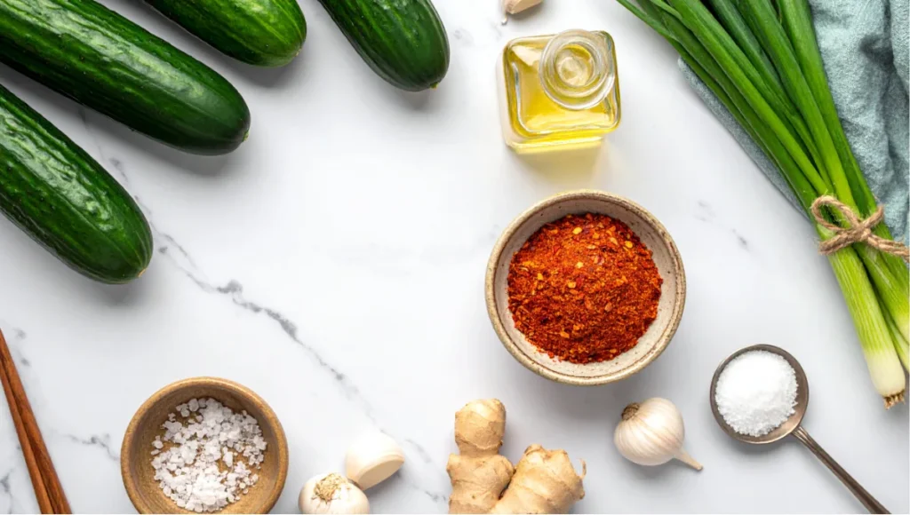 Overhead flat-lay of fresh cucumber kimchi ingredients including Kirby cucumbers, gochugaru flakes, garlic, ginger, and sea salt arranged on a white marble countertop