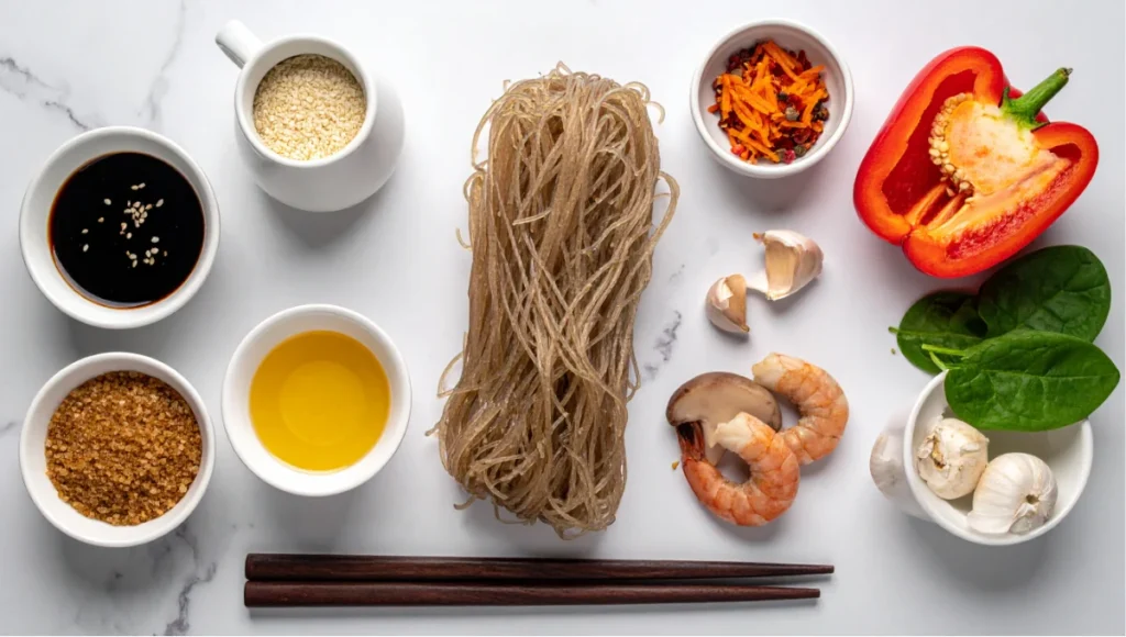 Overhead flat lay of Korean glass noodles recipe ingredients including dry dangmyeon noodles, shrimp, julienned vegetables, soy sauce, and sesame oil on a white marble countertop