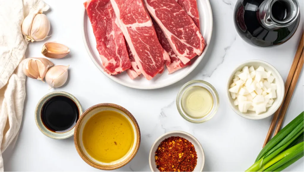 Overhead flat lay of Korean beef soup ingredients including raw beef brisket radish garlic soy sauce sesame oil gochugaru and green onions on a white marble countertop