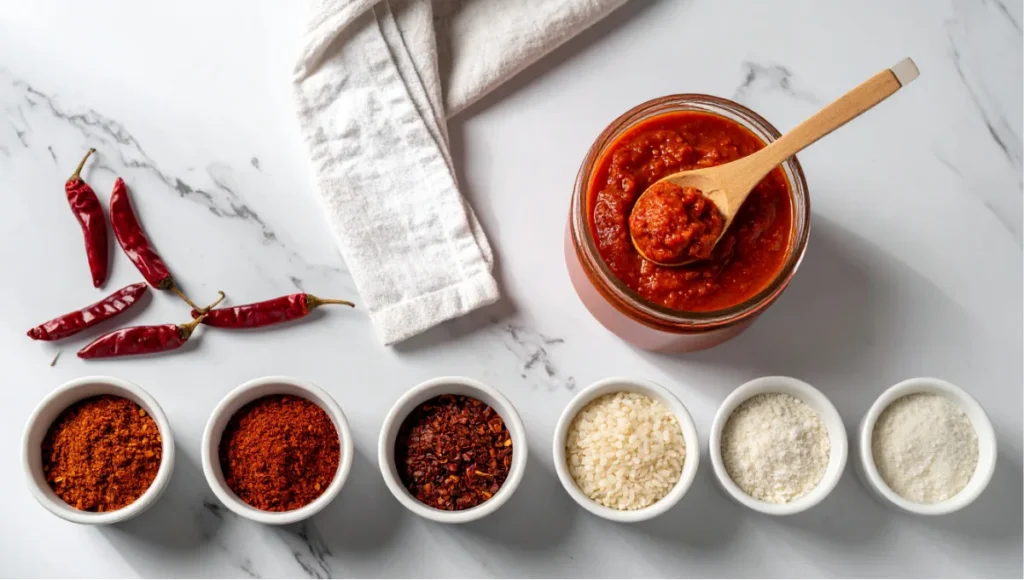 Overhead flat-lay of gochujang paste in a glass jar surrounded by raw ingredients including gochugaru, soybeans, and glutinous rice in white ceramic bowls on marble