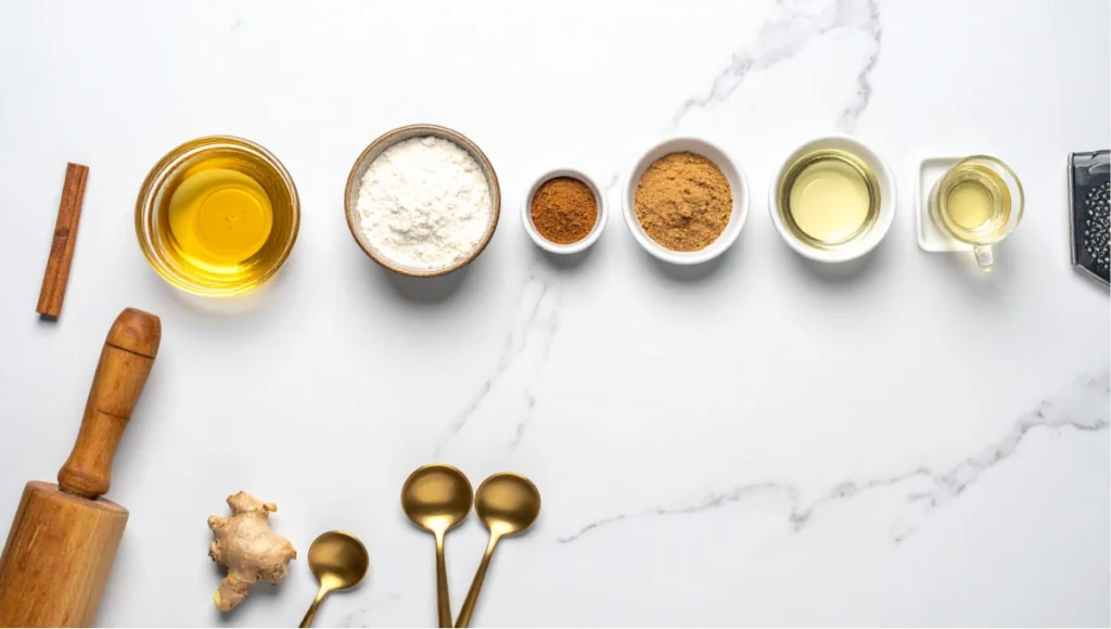 Overhead flat lay of yakgwa recipe ingredients including honey, flour, sesame oil, ginger, soju, and cinnamon on white marble countertop