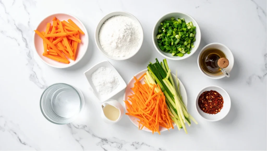 Fresh ingredients for Korean veggie pancakes including julienned carrots zucchini green onions flour and dipping sauce components arranged on white marble