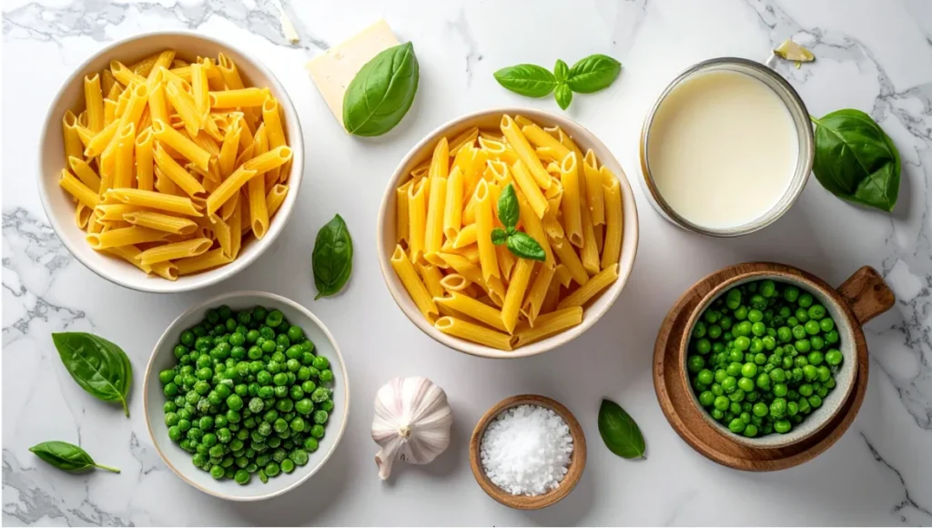 Dairy-free crockpot pasta ingredients flat lay including coconut milk nutritional yeast and gluten-free penne
