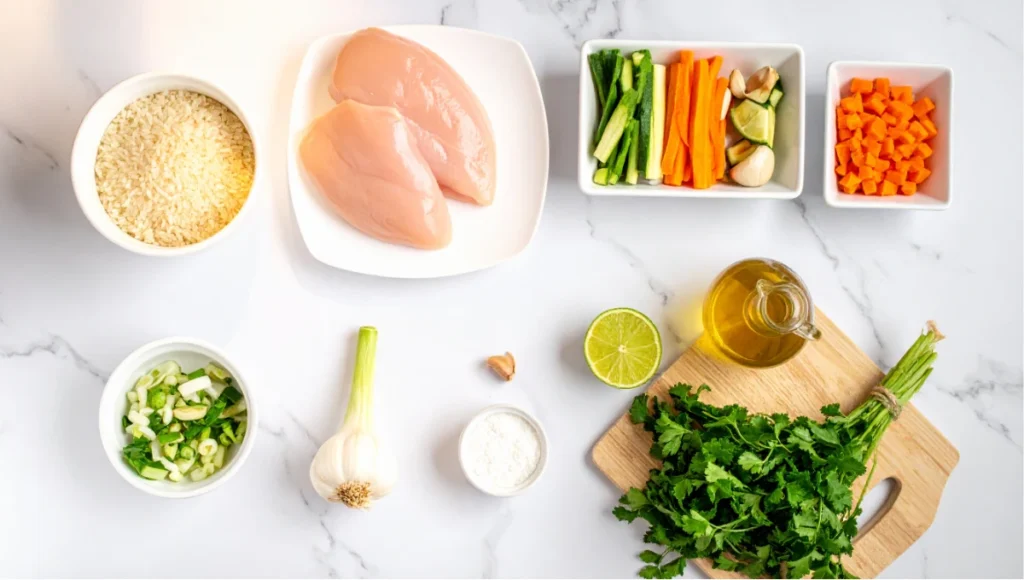 Overhead flat-lay of fresh chicken rice porridge ingredients including jasmine rice, raw chicken breasts, garlic, ginger, scallions, carrot, zucchini, and cilantro on white marble countertop
