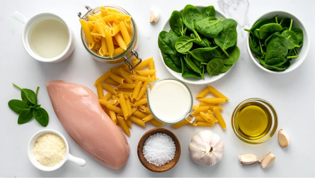 Flat-lay overhead view of creamy chicken spinach pasta ingredients including raw chicken, spinach, penne, cream, garlic, and Parmesan on white marble