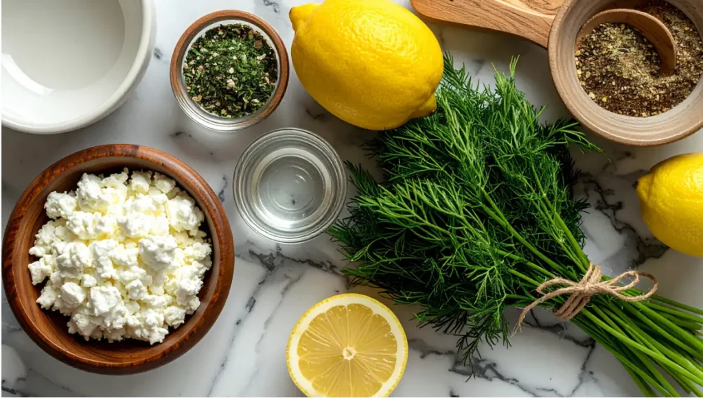 Overhead flat lay of fresh ingredients for creamy cottage cheese ranch dressing including cottage cheese, lemon, and herbs