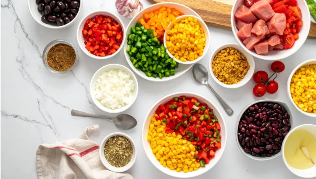 Overhead flat lay of fresh ingredients for easy Weight Watchers slow cooker recipes on white marble counter