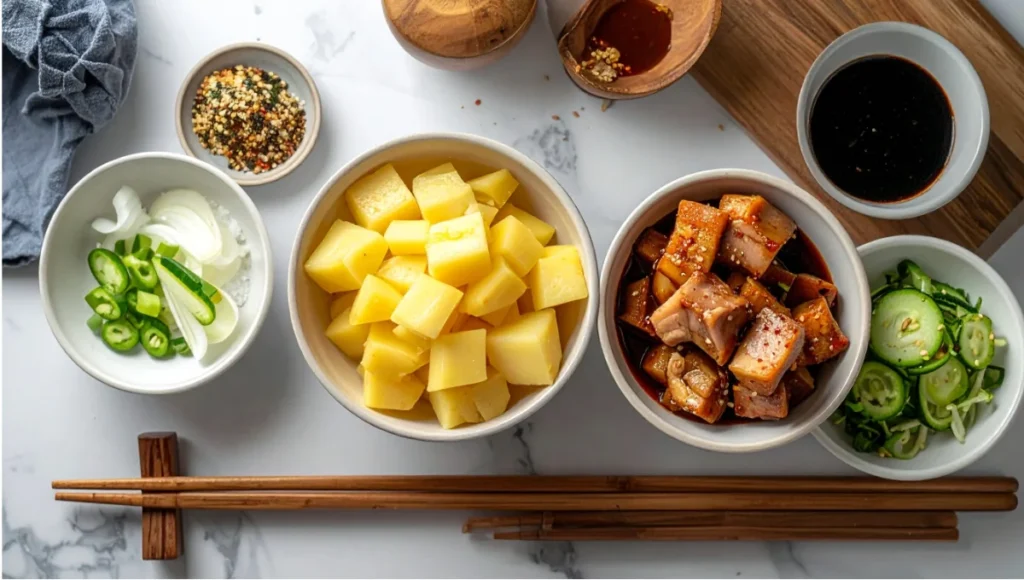 Overhead flat lay of prepped ingredients for homemade Ja Jang Myun including diced vegetables pork and chunjang paste on white marble counter