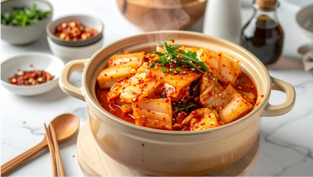 Sautéing pork belly and aged kimchi with gochugaru for authentic Korean kimchi jjigae breakfast stew
