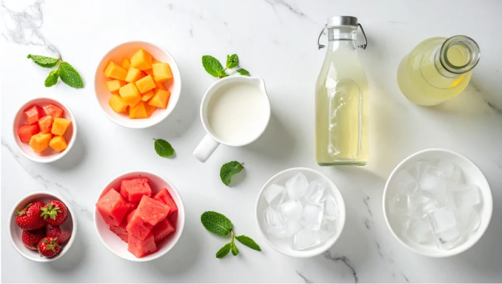 Overhead flat lay of fresh fruit ingredients including watermelon, strawberries, and cantaloupe for Korean Hwachae milk soda on white marble countertop