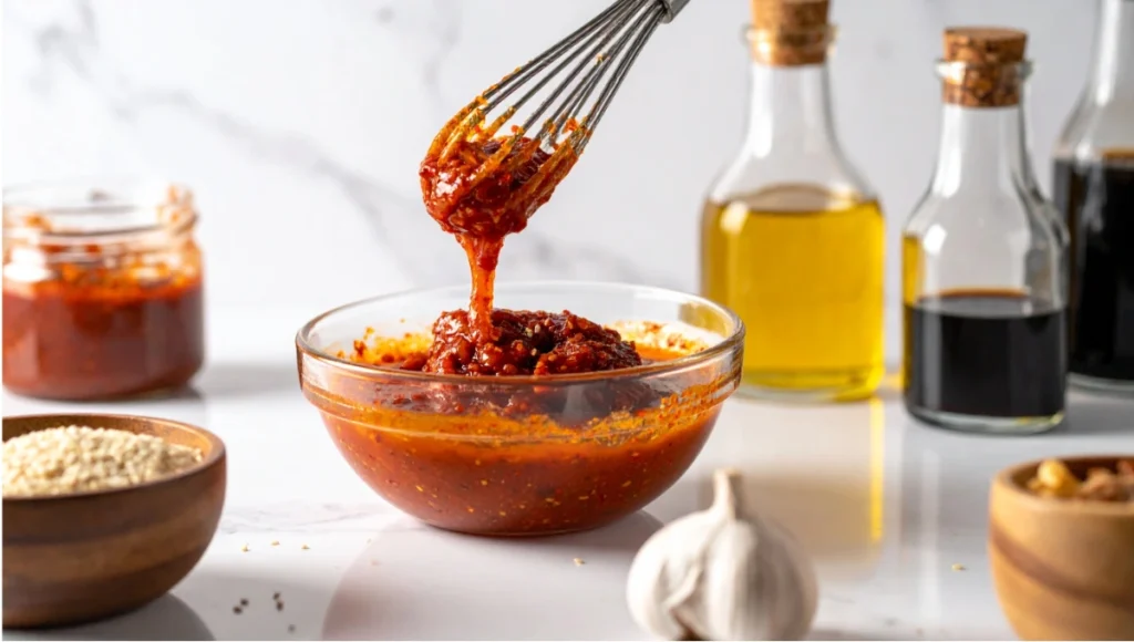 Close-up of classic gochujang salmon marinade being whisked with honey, soy sauce, sesame oil, and garlic in a glass bowl