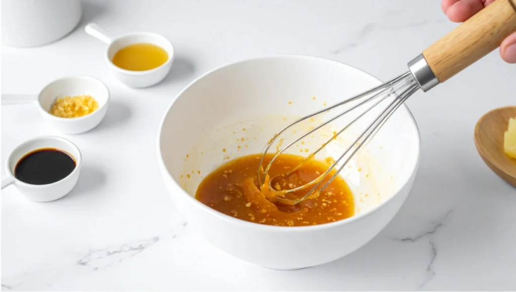 Close-up of glossy Huli Huli marinade being whisked with ginger and garlic in white bowl for Crock Pot chicken recipe