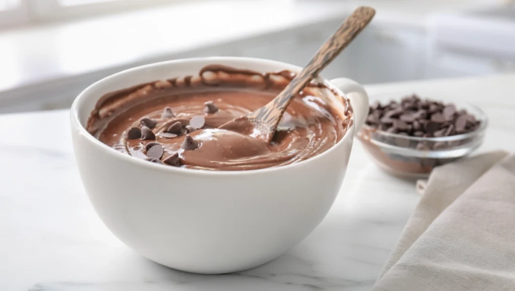 Smooth chocolate batter in mug with folded chocolate chips for microwave mug cake recipe