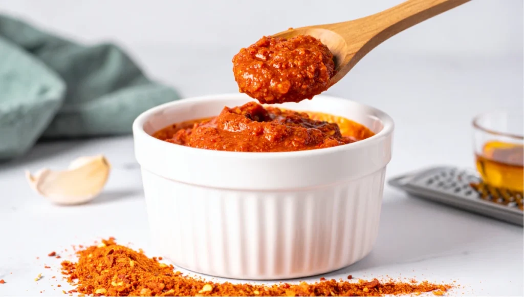Close-up of homemade Korean gochugaru spice paste for cucumber kimchi in a white ceramic bowl with garlic and ginger on a marble countertop
