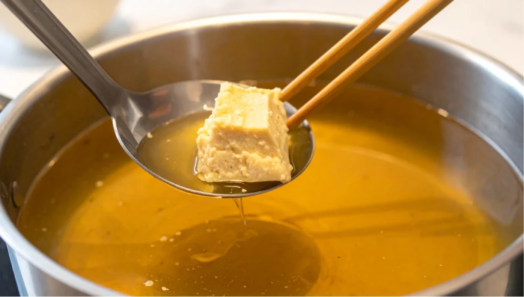 White miso paste being dissolved with chopsticks in a ladle submerged in warm dashi stock, demonstrating the traditional miso soup preparation technique