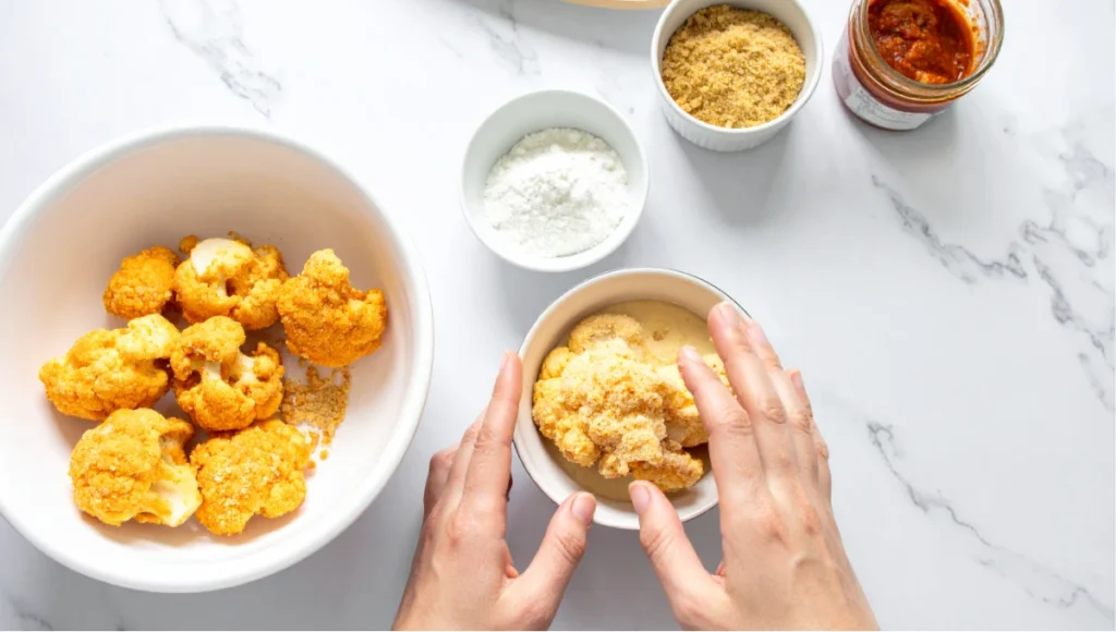 Hands coating a cauliflower floret in panko breadcrumbs on a marble countertop surrounded by bowls of batter and flour for gochujang cauliflower wings recipe