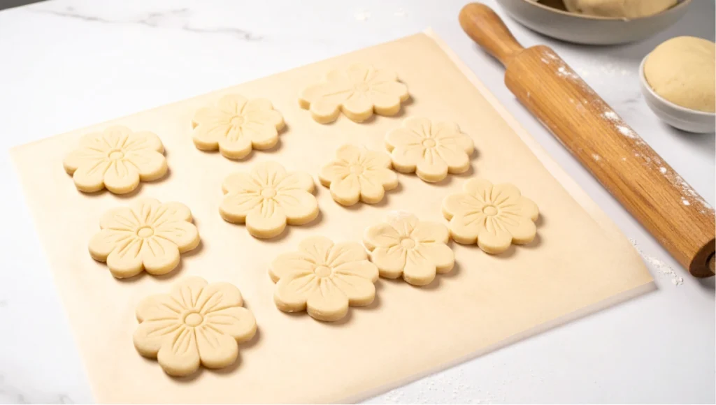 Raw floral-shaped yakgwa dough pieces dusted with flour arranged on parchment paper on white marble countertop before frying